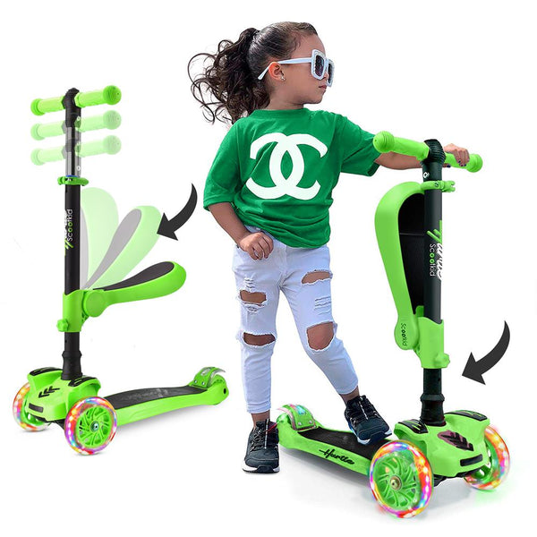 Scootkid 3-Wheel Kids Scooter - Child & Toddler Toy Scooter With Built-In Led Wheel Lights, Fold-Out Comfort Seat (Ages 1+) (Green)