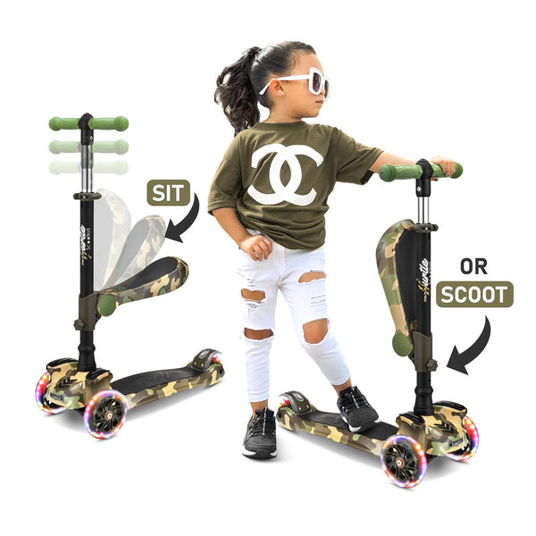 Scootkid 3-Wheel Kids Scooter - Child & Toddler Toy Scooter With Built-In Led Wheel Lights, Fold-Out Comfort Seat (Ages 1+) (Camo)